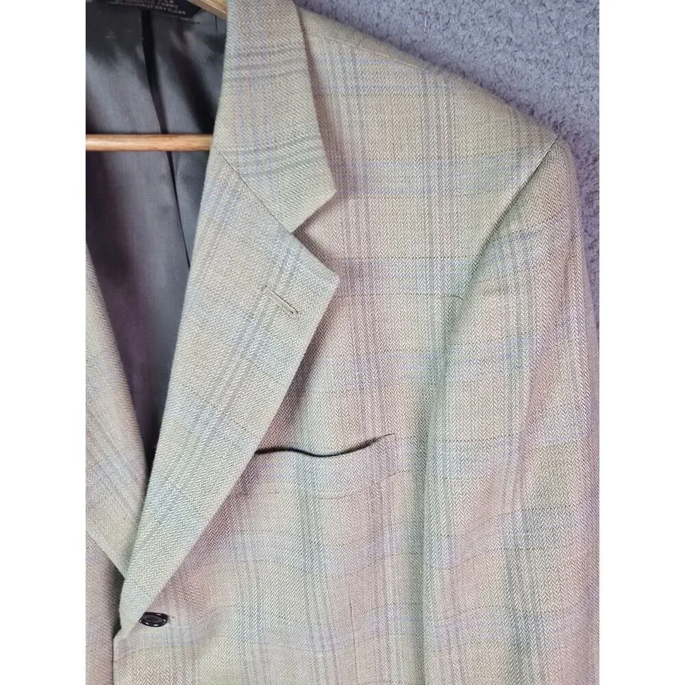 Tom James Innocenti Oro Mens Sport Coat 40R Pale Yellow Blue Plaid Tailored